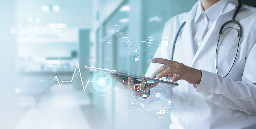 Healthcare and technology, Doctor using digital tablet with icon medical network on hospital background